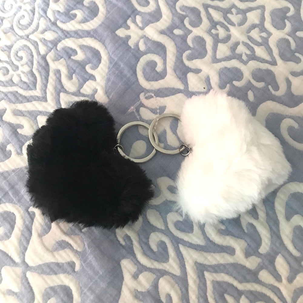 2 Heart Plush Keychains Fuzzy Black & White NEW